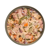 Top view of Kakato Chicken Tuna & Vegetables cat food with mixed meat and vegetables in a tin can